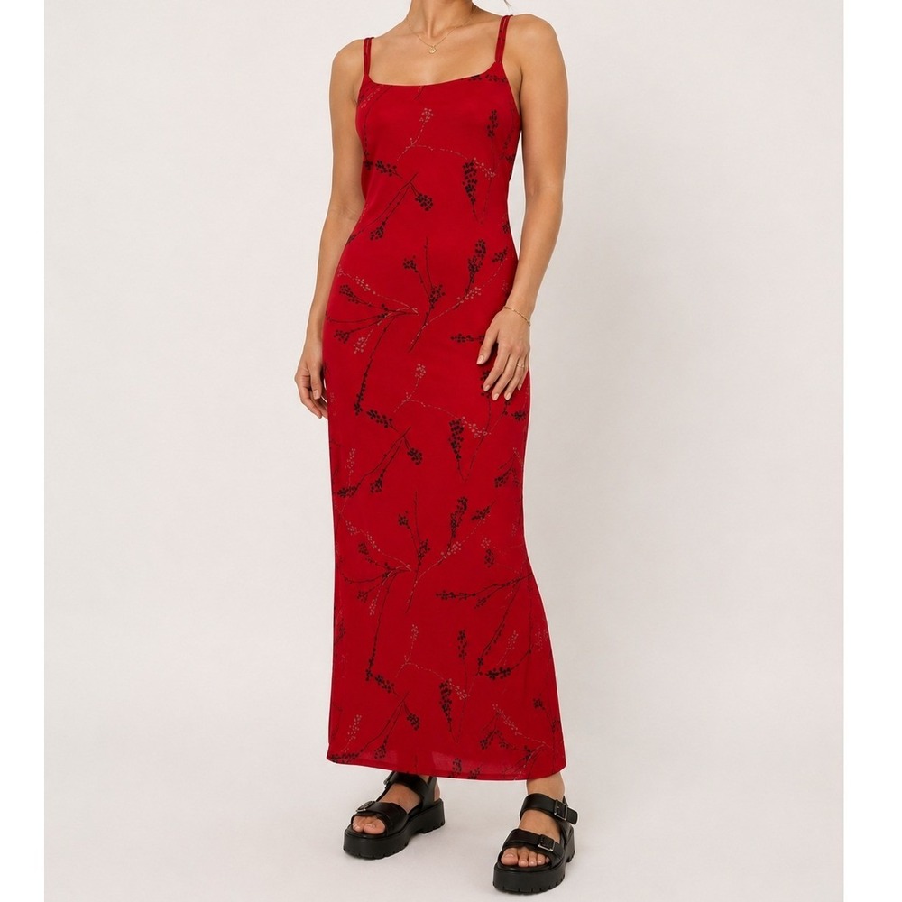 A Fortiori Vintage 90s Red Floral Glitter Maxi Dress Open Back NWT M Whimsigoth